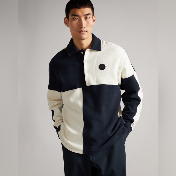 Ted Baker Waffle Knit Panelled Polo Shirt in Navy - Picture 1 of 16
